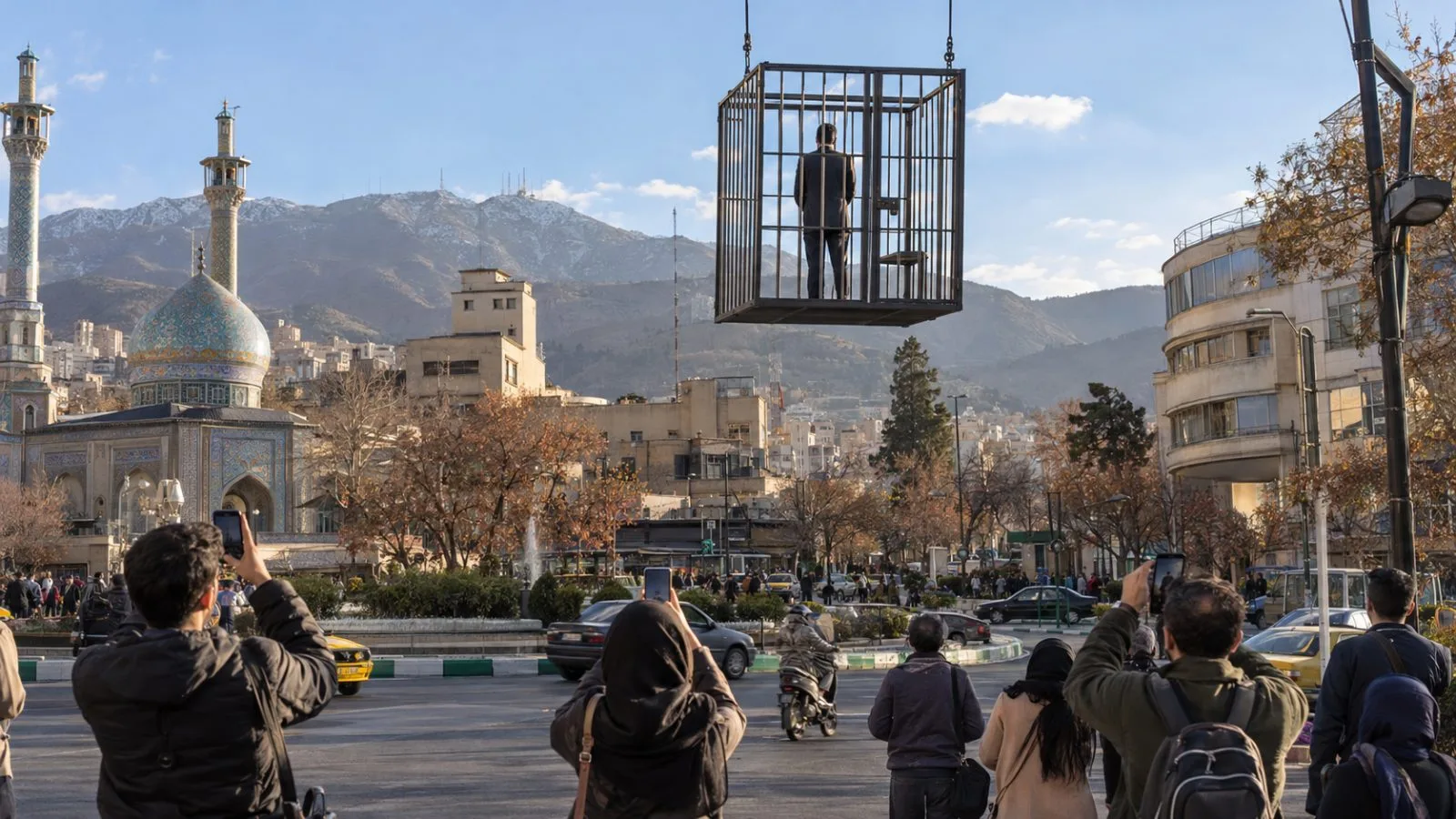 Visitors photograph a suspended mock prison cell above Tajrish Square in Tehran. (AI-generated image / EconoTimes)