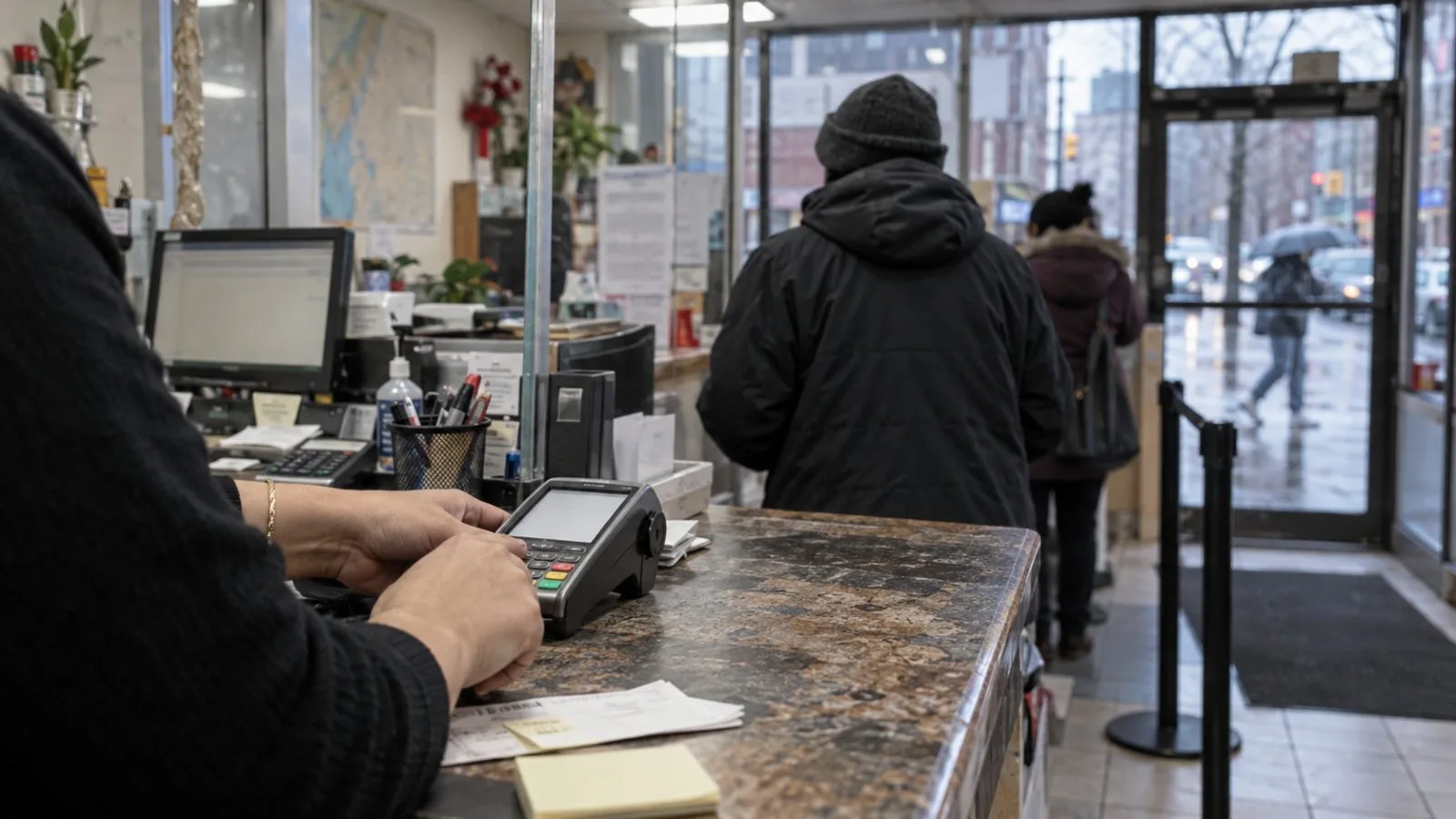 A clerk enters a payout at a neighborhood money-transfer counter in Queens, New York City. (AI-generated image / EconoTimes)