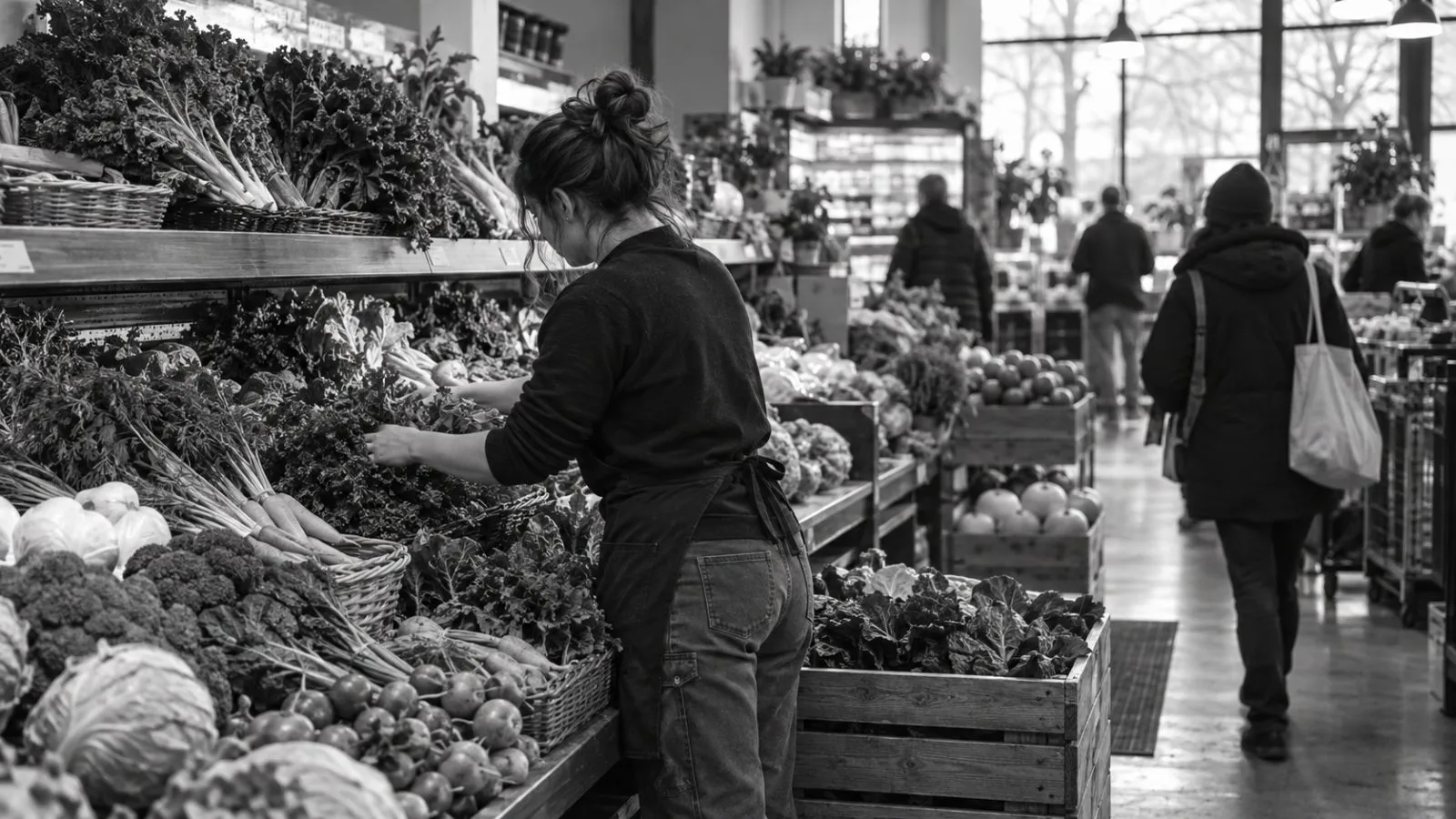 A worker stocks fresh produce at a member-owned grocery cooperative in Minneapolis, Minnesota. (AI-generated image / EconoTimes)