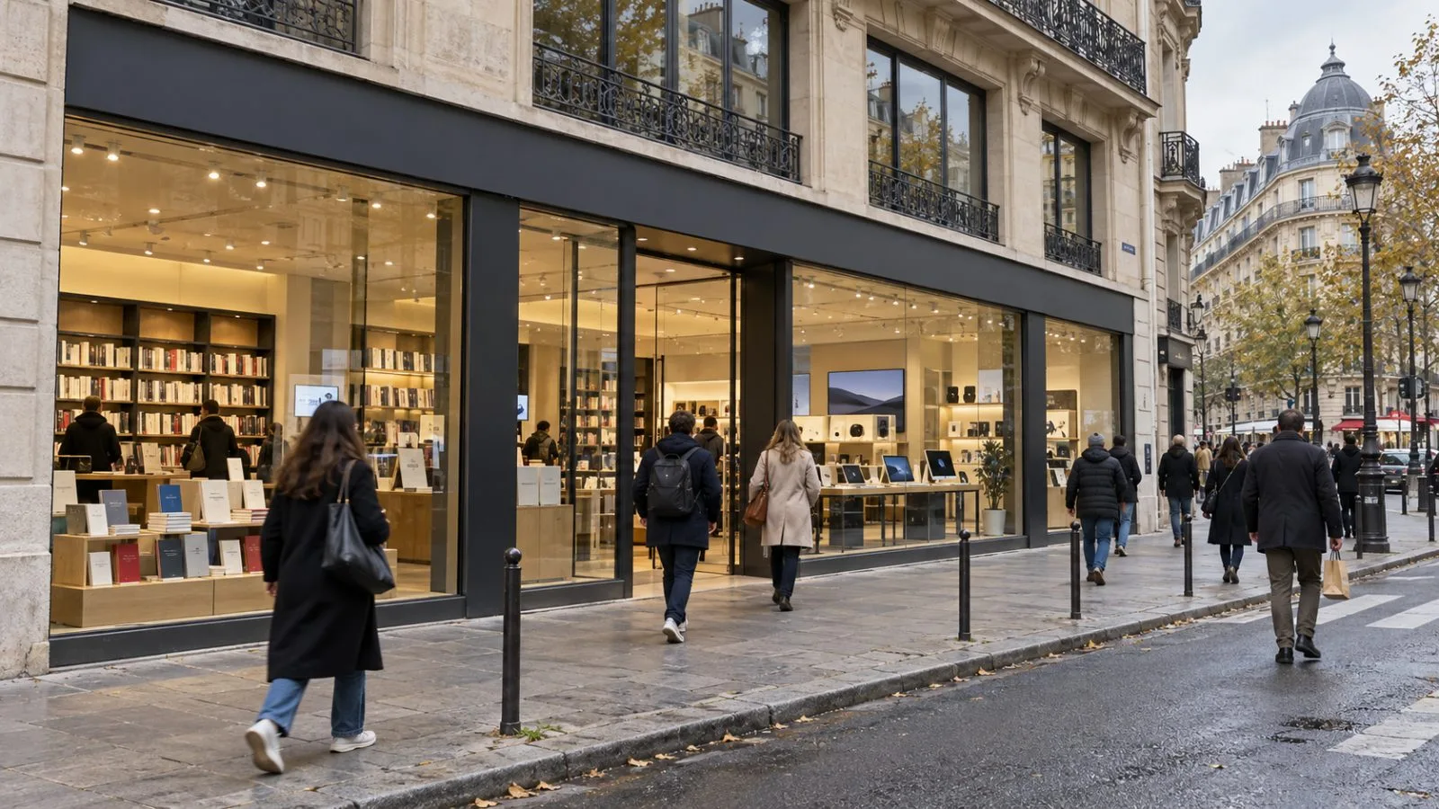 Shoppers pass a book and electronics store on an overcast morning in Paris. (AI-generated image / EconoTimes)