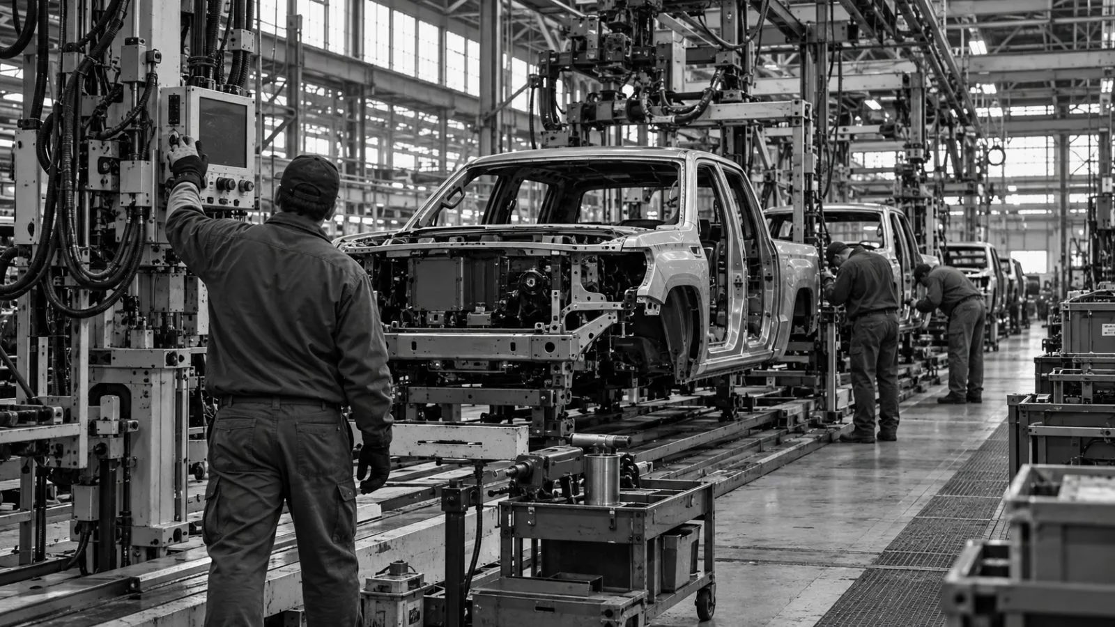 Workers inspect equipment along an automotive assembly line inside a Detroit, Michigan, factory. (AI-generated image / EconoTimes)