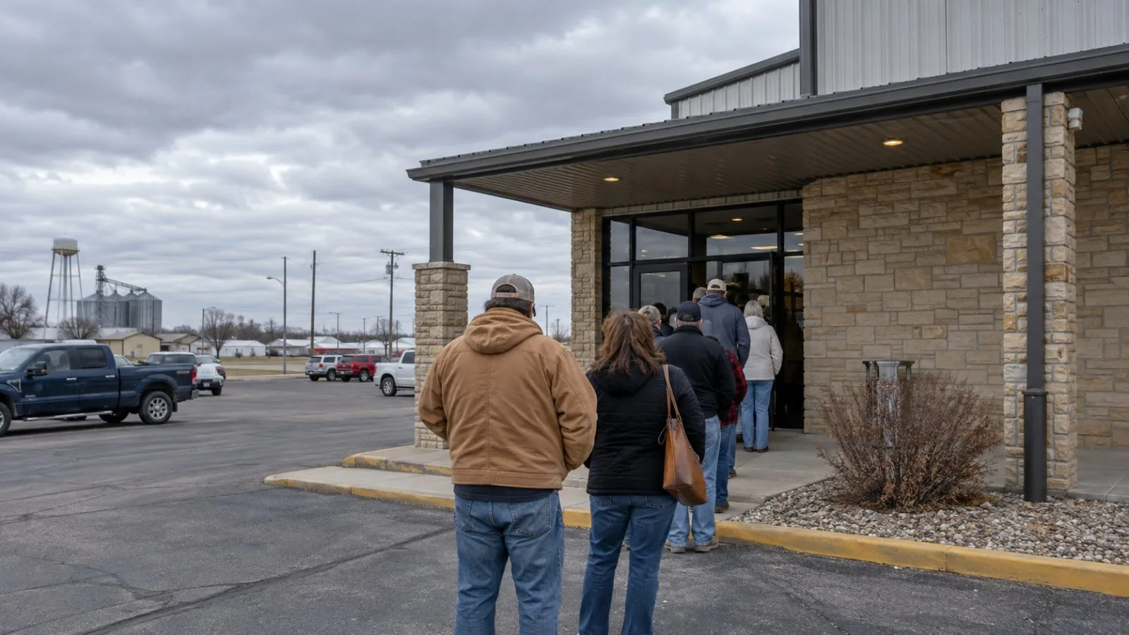Attendees wait outside a rally venue in Park City, Kansas, under overcast skies. (AI-generated image / EconoTimes)
