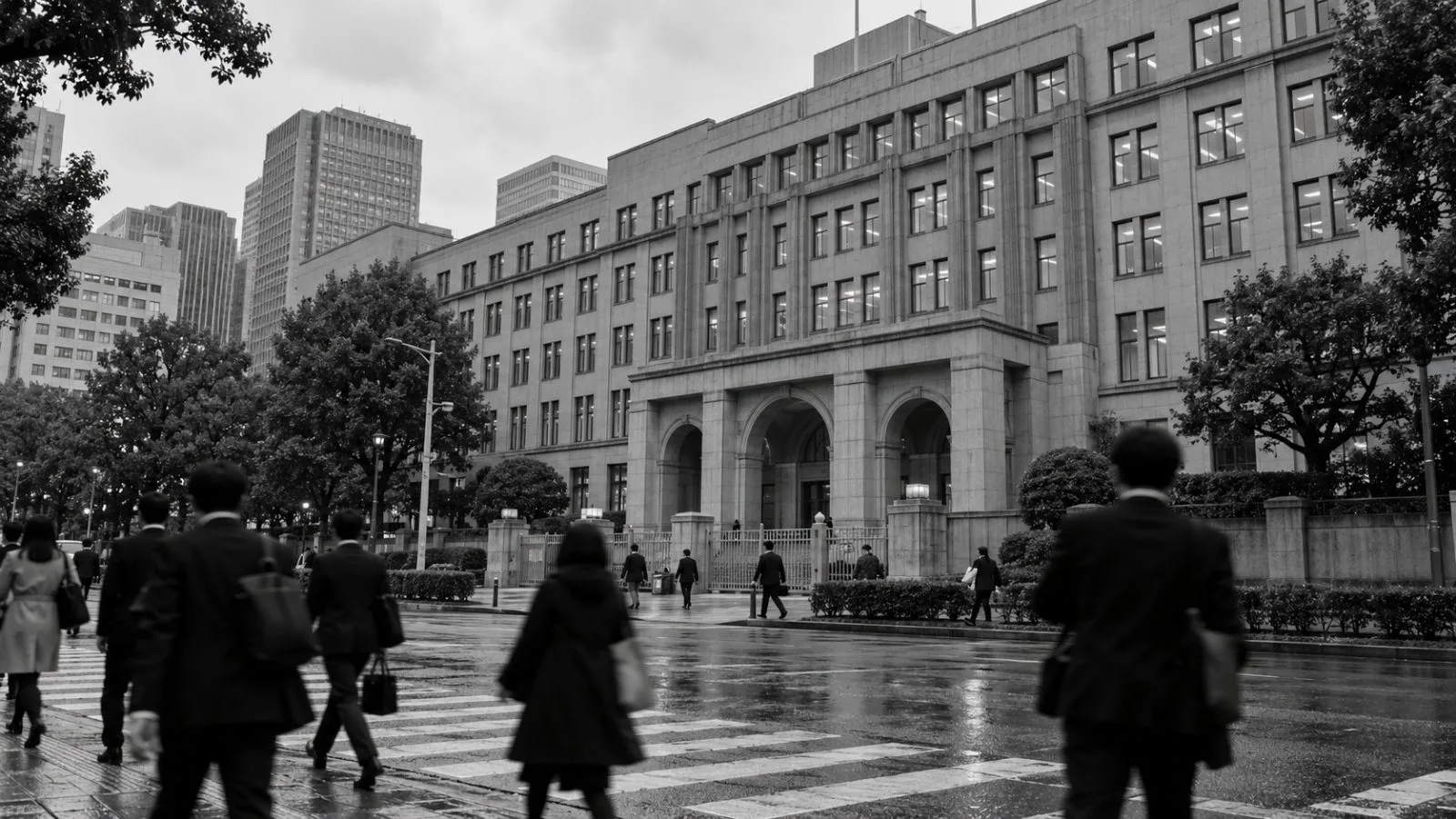 Commuters pass Japan’s Ministry of Finance building in Kasumigaseki, Tokyo, on an overcast morning. (AI-generated image / EconoTimes)