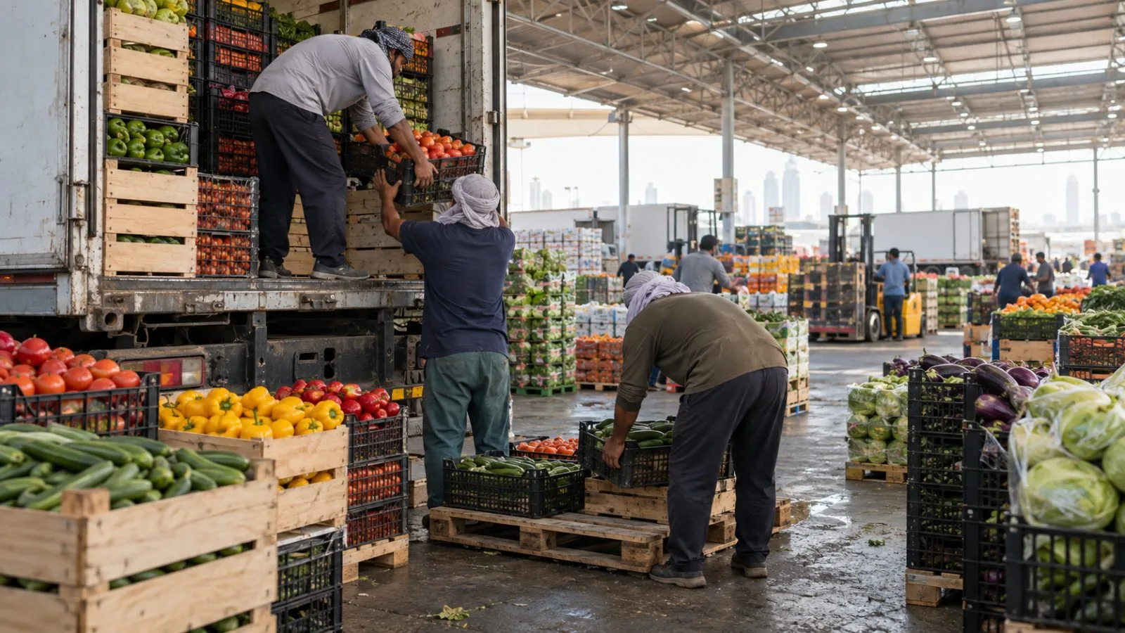 Workers unload imported produce at Dubai's Al Aweer Central Fruit and Vegetable Market. (AI-generated image / EconoTimes)