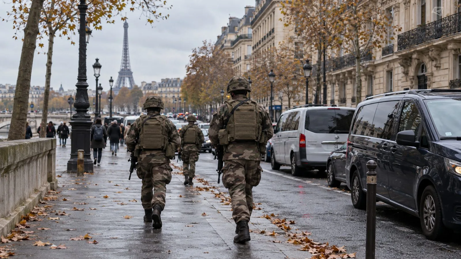 Sentinelle soldiers patrol a Paris street near parked police vehicles. (AI-generated image / EconoTimes)