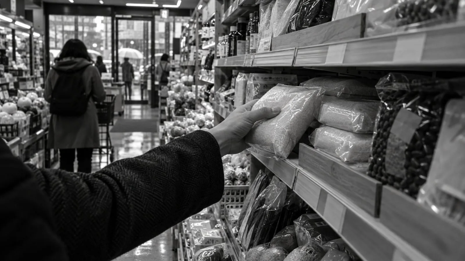 A shopper selects packaged food at a neighborhood supermarket in Tokyo. (AI-generated image / EconoTimes)