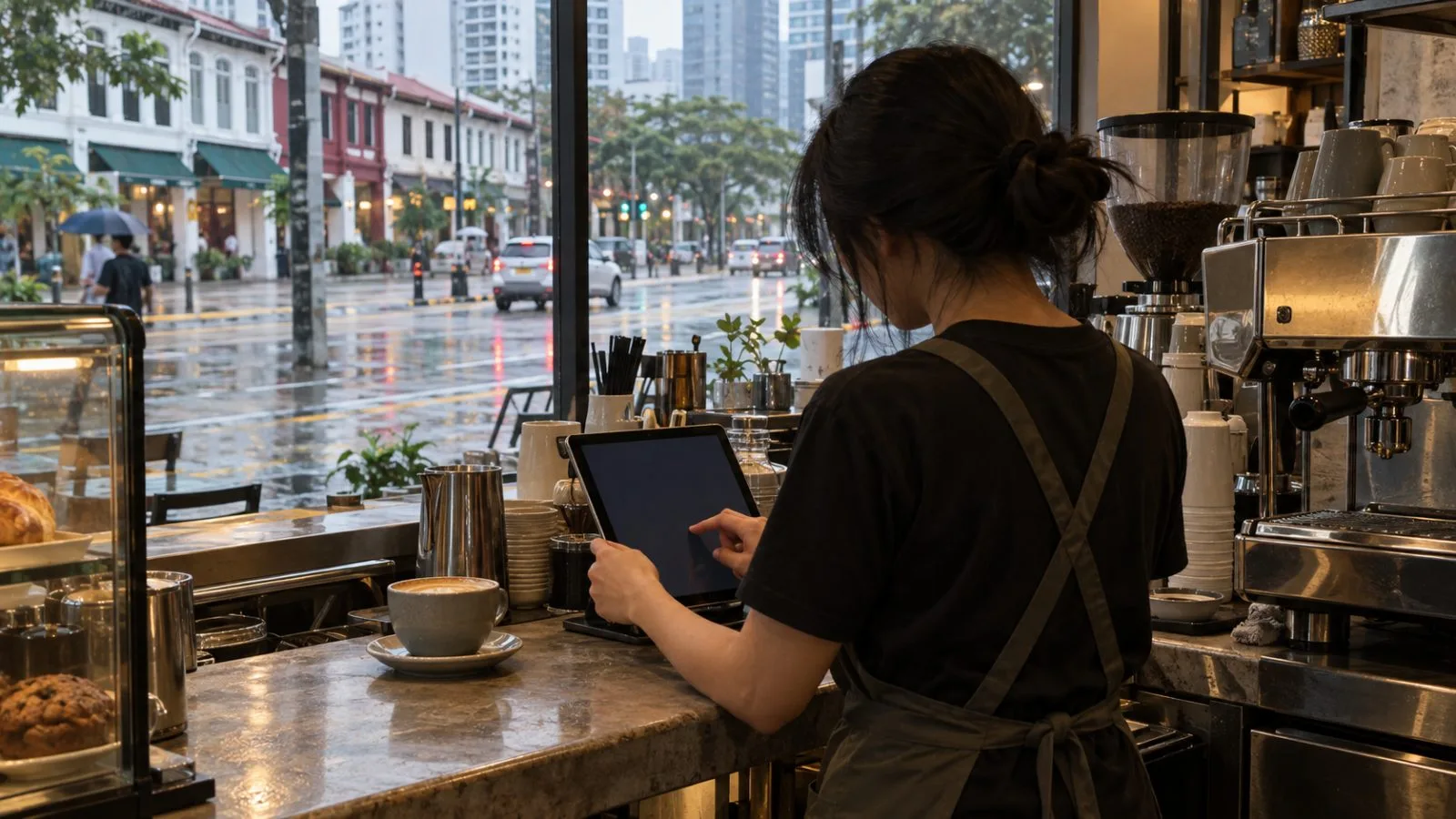 A merchant checks a tablet at a neighborhood café counter in Singapore’s Tanjong Pagar district. (AI-generated image / EconoTimes)