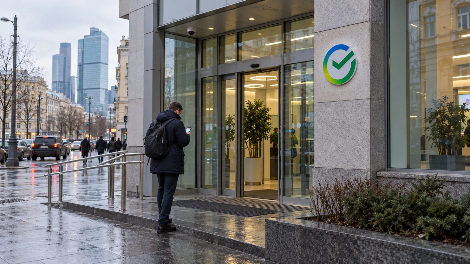 A customer checks a smartphone outside a bank branch in Moscow. / EconoTimes.ai