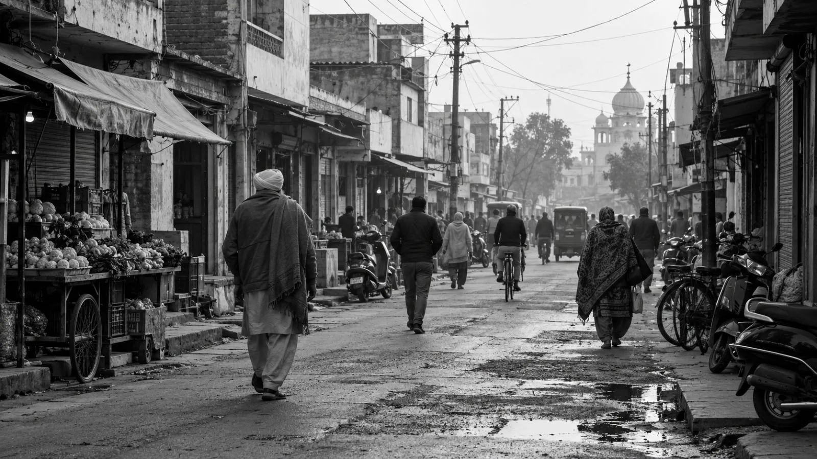 Residents walk along a market street in Dhuri, Punjab. (AI-generated image / EconoTimes)