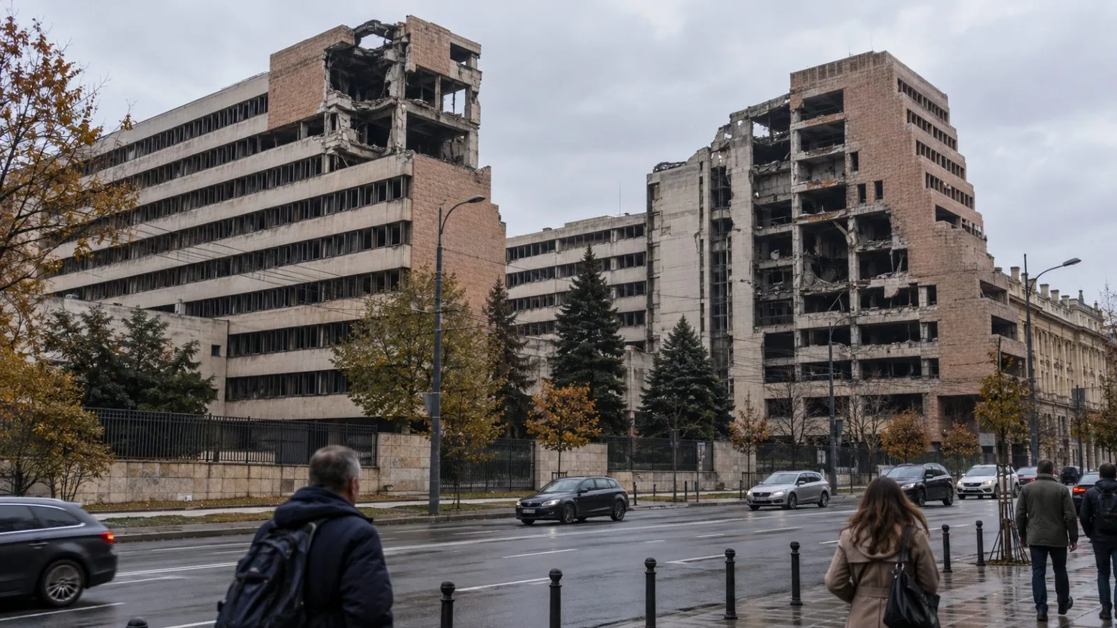 Pedestrians pass the Generalštab complex in Belgrade, Serbia, under an overcast sky. (AI-generated image / EconoTimes)