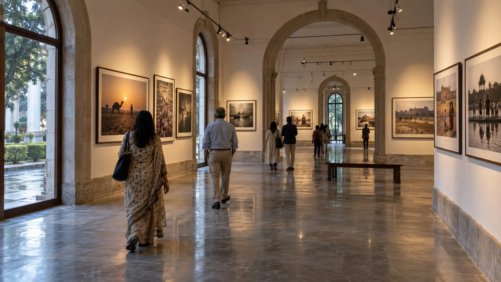Visitors walk past photographs inside Bikaner House in New Delhi, India. (AI-generated image / EconoTimes)