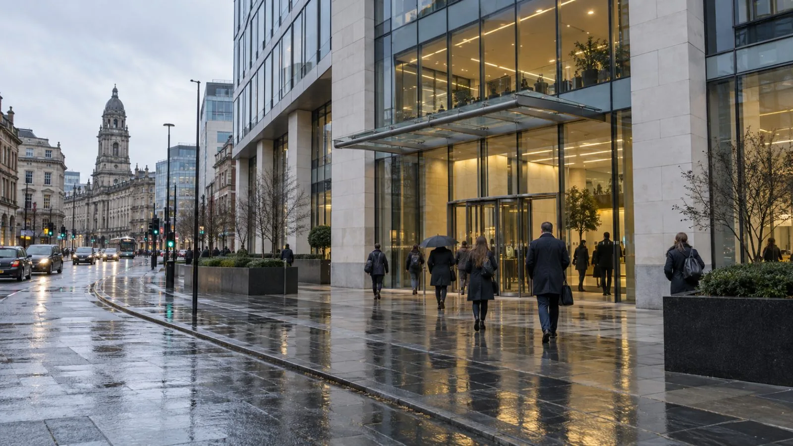 Workers enter a commercial office building in Leeds, England, beneath a gray morning sky. (AI-generated image / EconoTimes)