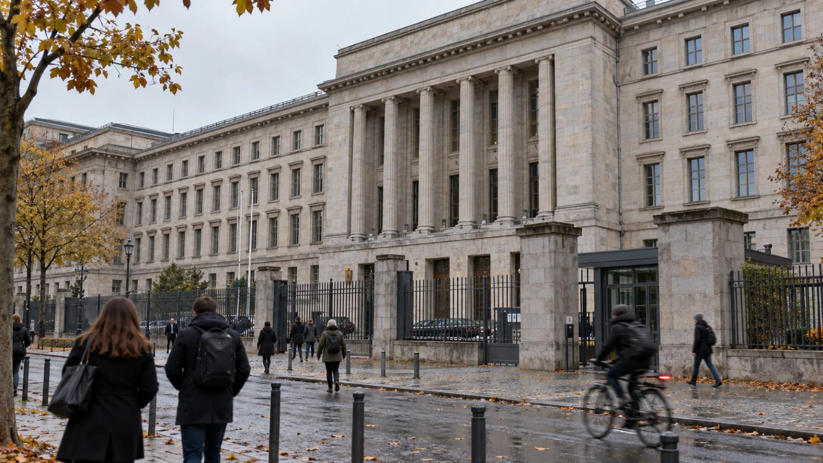 Pedestrians pass the Federal Ministry of Finance in Berlin beneath a gray autumn sky. (AI-generated image / EconoTimes)