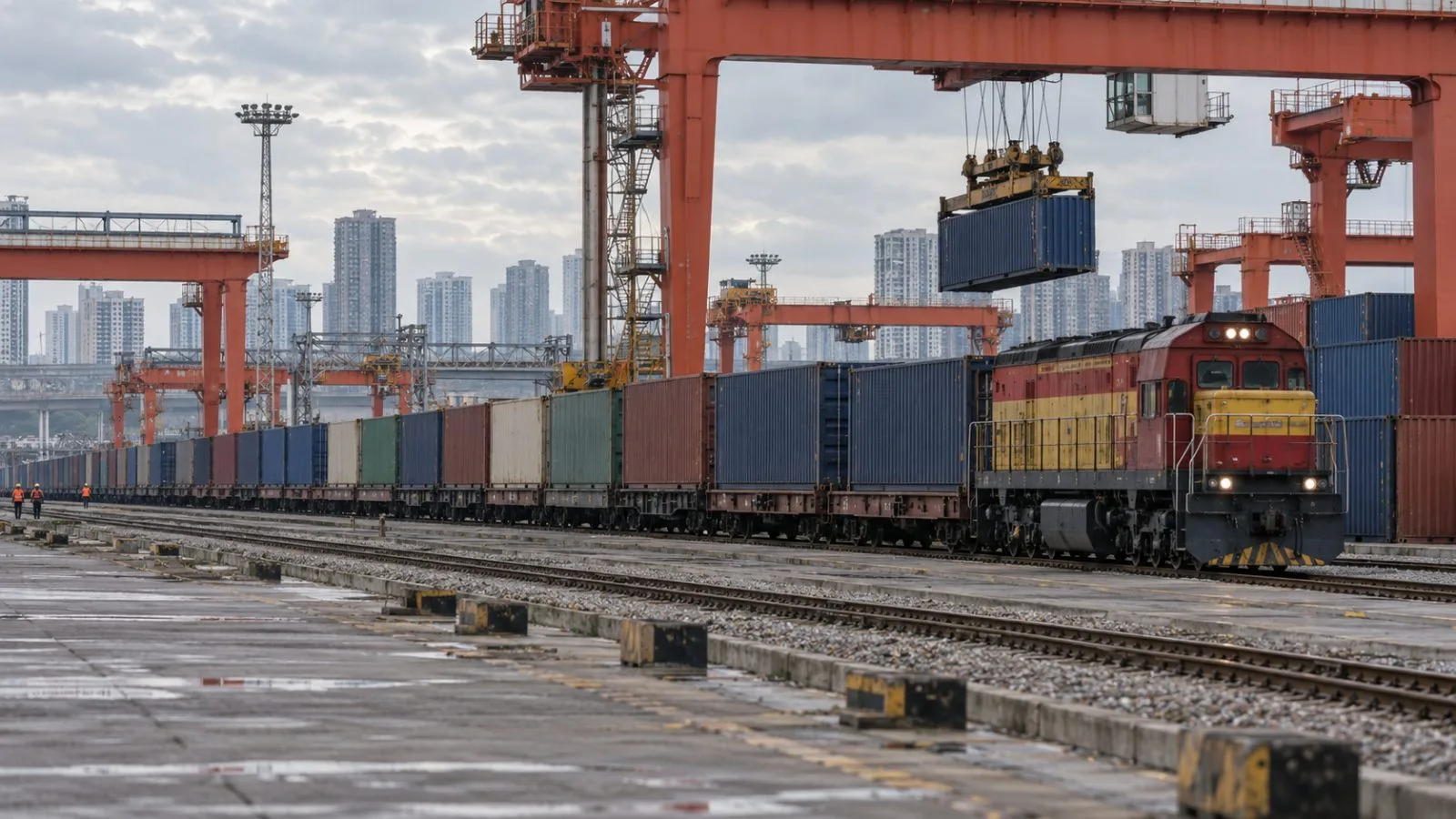 A container train stands beside loading equipment at a freight rail terminal in Beijing, China. (AI-generated image / EconoTimes)