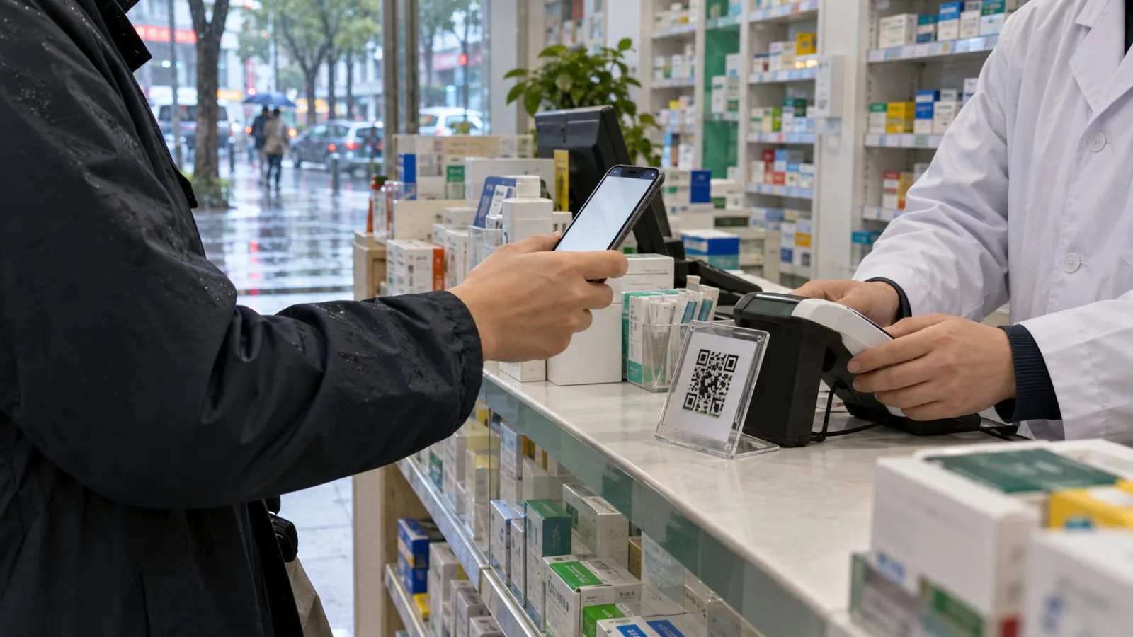 A customer scans a QR code at a pharmacy counter in Shenzhen, China. (AI-generated image / EconoTimes)