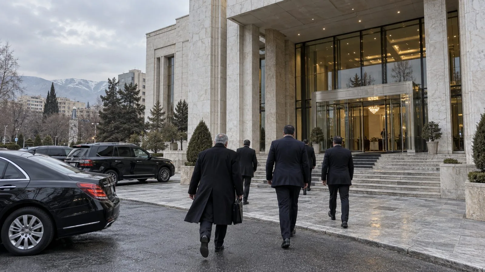 Officials arrive for regional peace and security discussions at a government venue in Tehran, Iran (AI-generated image / EconoTimes)