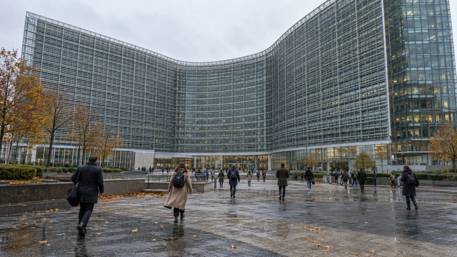 Pedestrians cross the plaza outside the European Commission’s Berlaymont headquarters in Brussels, Belgium. (AI-generated image / EconoTimes)
