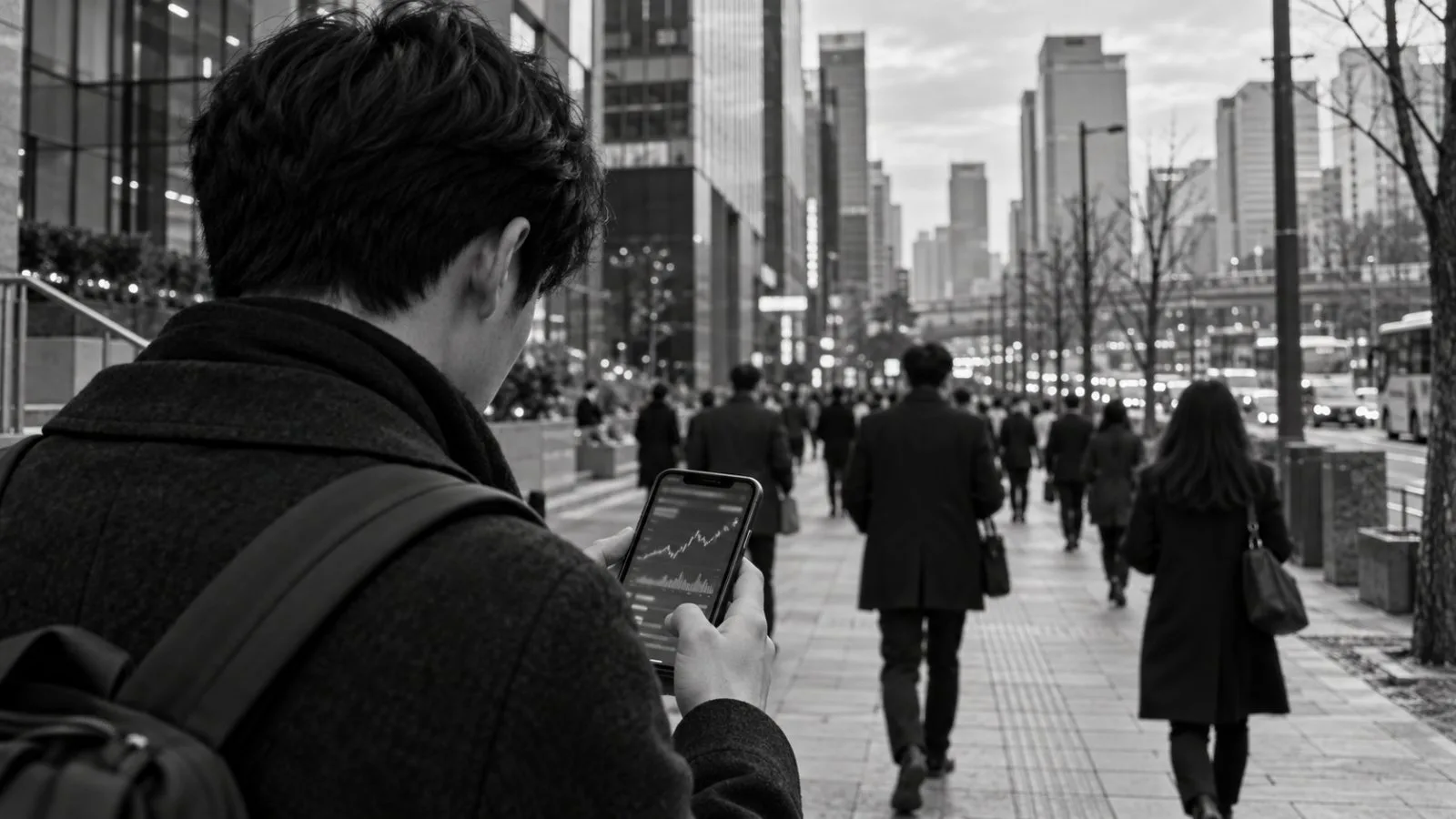 A commuter checks a smartphone on a Seoul sidewalk as office workers pass in soft focus. (AI-generated image / EconoTimes)
