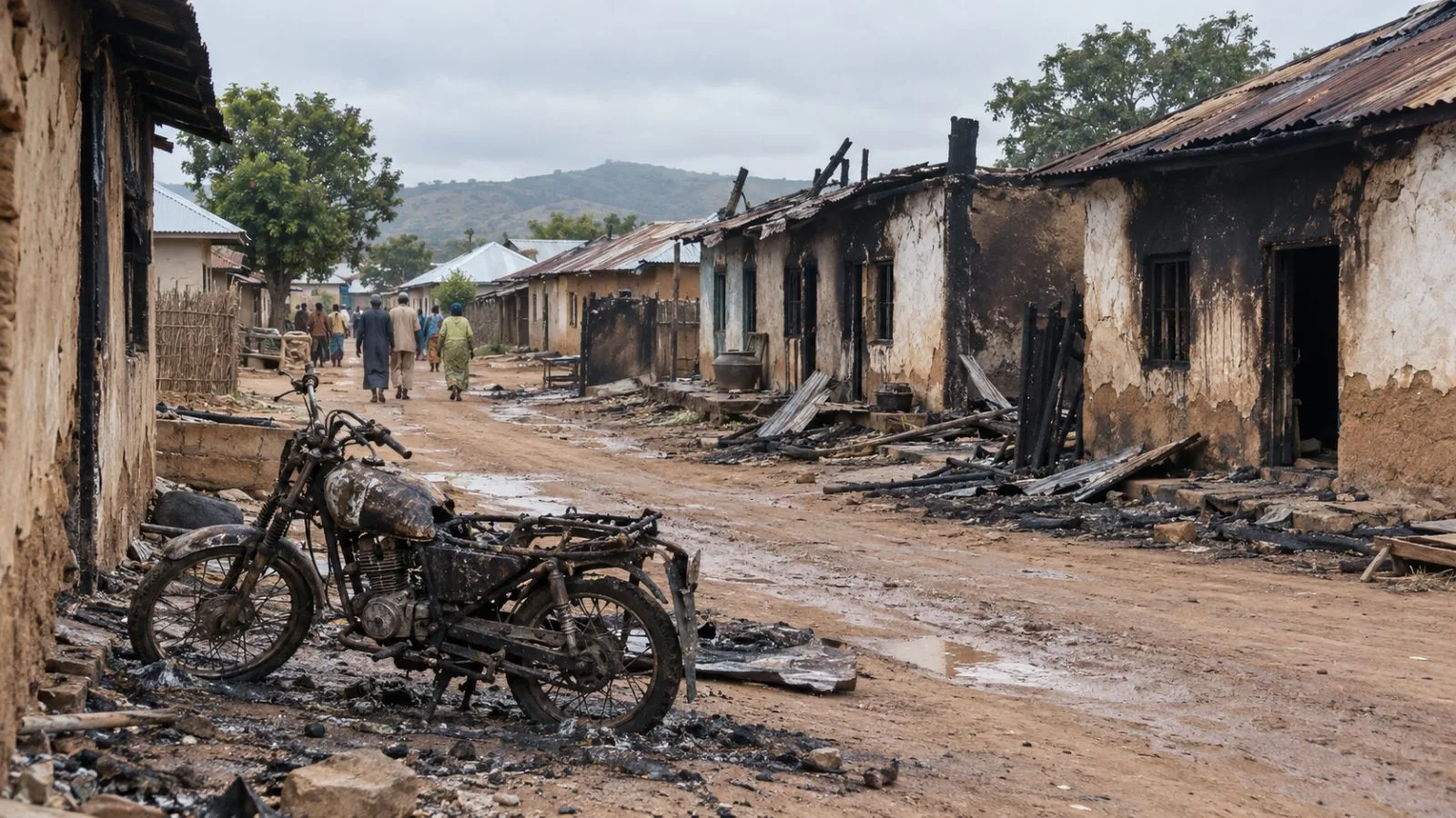 Fire-damaged homes line a village lane in Binnari, Taraba State, Nigeria. (AI-generated image / EconoTimes)