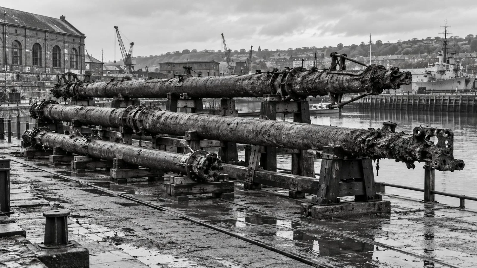 Three weathered masts rest on supports at the Historic Dockyard Chatham in England. (AI-generated image / EconoTimes)