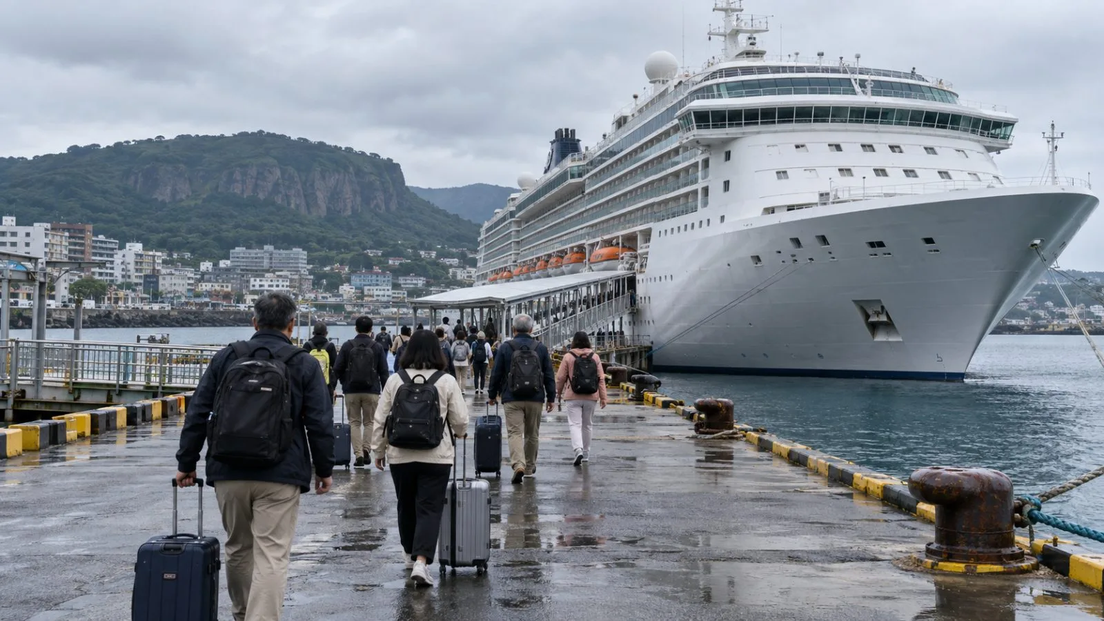 A cruise ship docks at Seogwipo Port on Jeju Island, South Korea. (AI-generated image / EconoTimes)