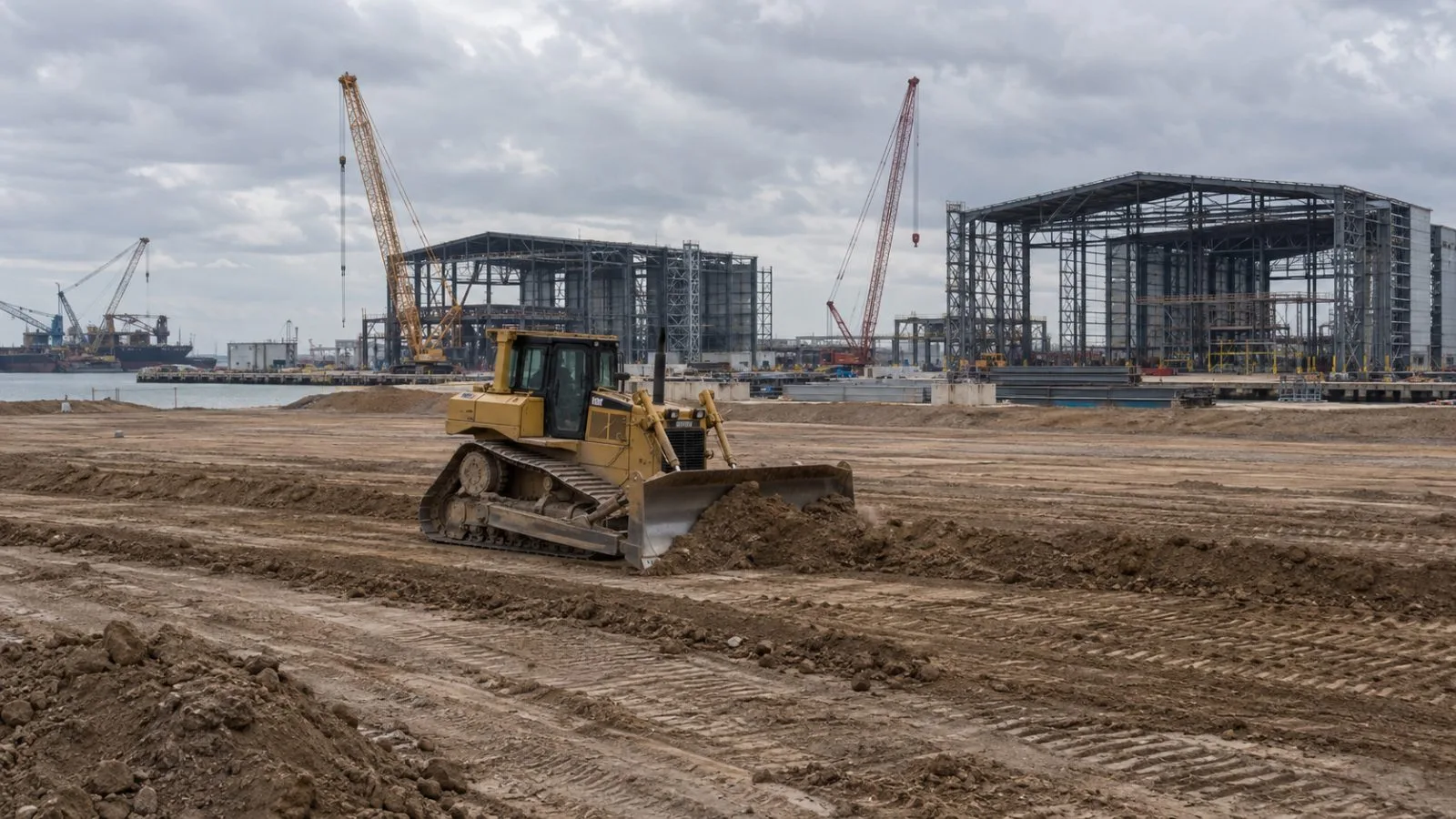 A bulldozer grades ground at the Port Alpha shipyard project site in Brownsville, Texas. (AI-generated image / EconoTimes)