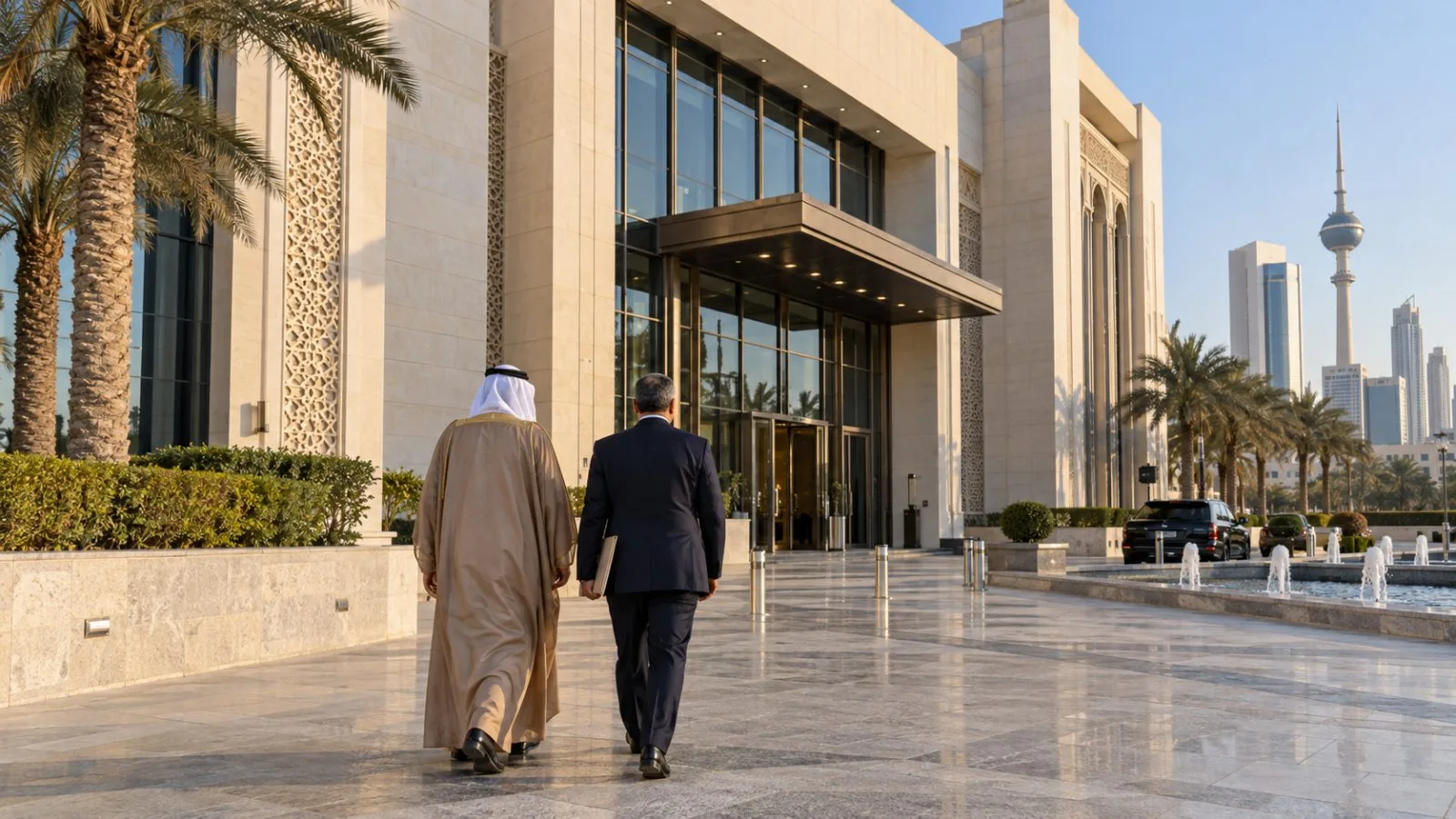 Officials approach Kuwait’s Foreign Ministry in Kuwait City on a clear afternoon. (AI-generated image / EconoTimes)