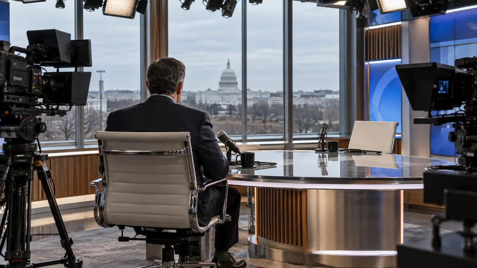A television interview set stands ready at a Washington, D.C., news studio. (AI-generated image / EconoTimes)