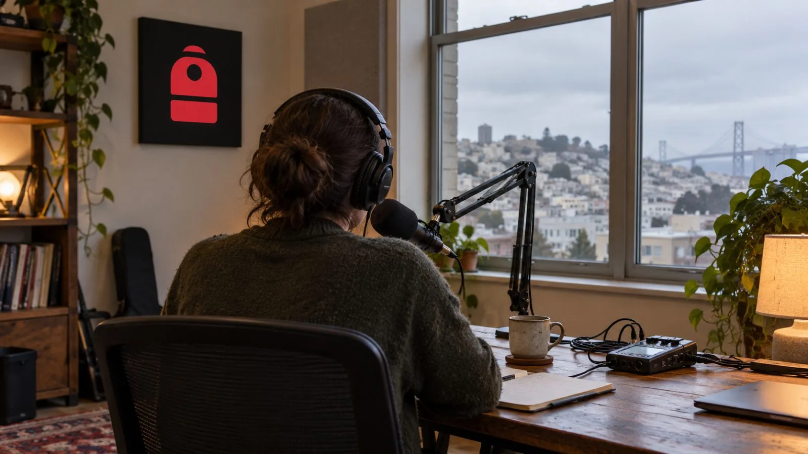 A microphone and headphones rest on a table in a San Francisco podcast studio. / EconoTimes.ai