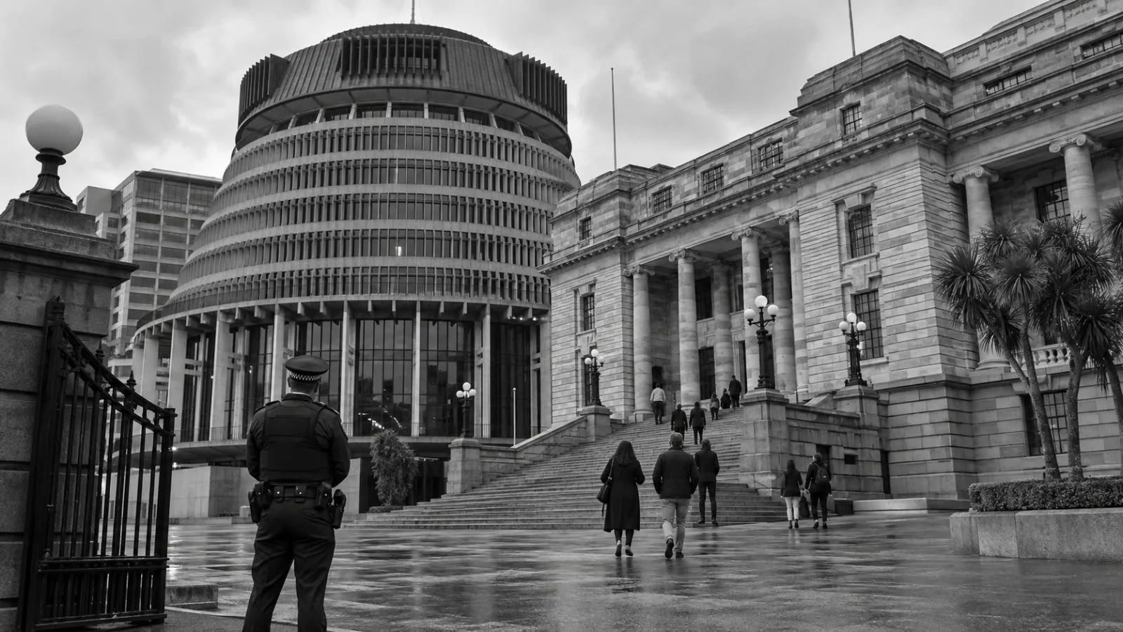 A security officer watches visitors approach Parliament House in Wellington, New Zealand. (AI-generated image / EconoTimes)
