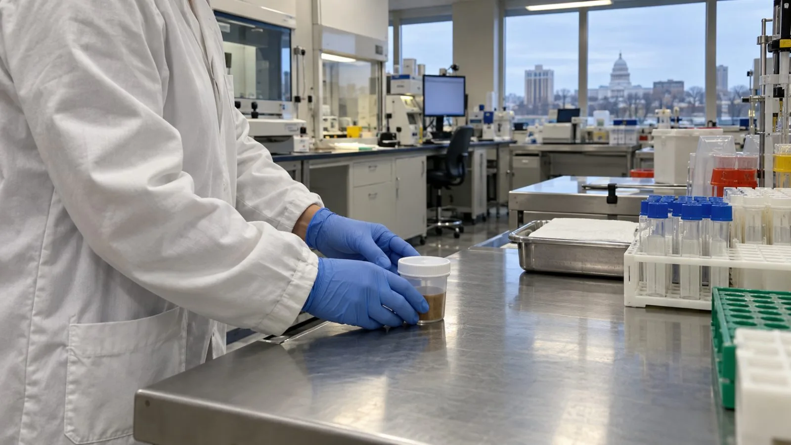 Gloved hands handle a sealed sample container inside a laboratory in Madison, Wisconsin. (AI-generated image / EconoTimes)