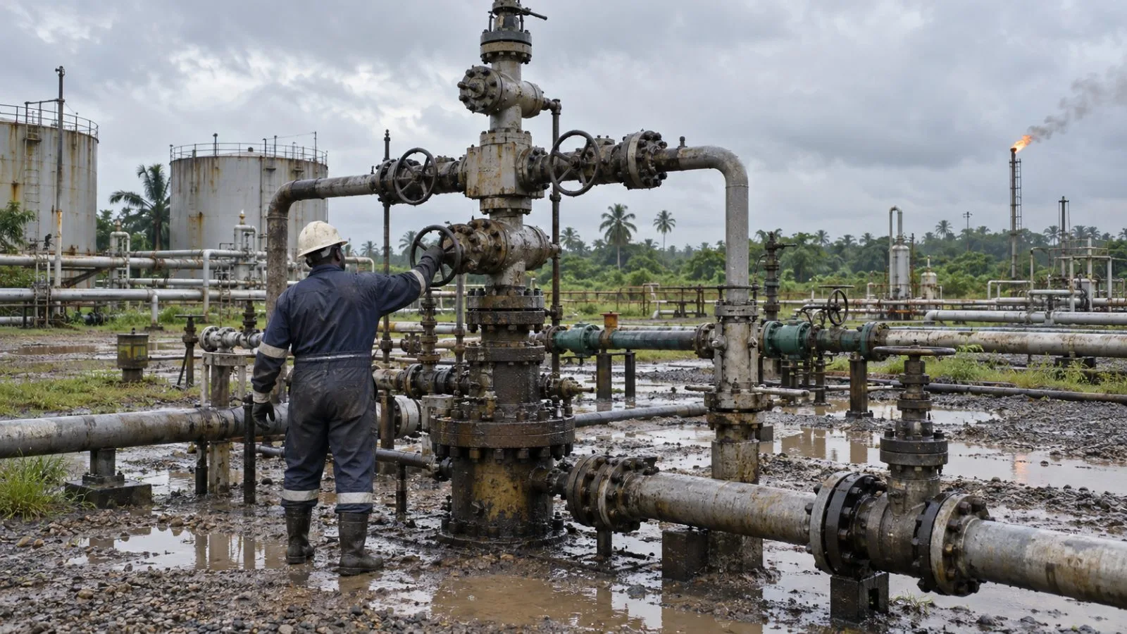 A worker checks a wellhead at an oil flow station near Port Harcourt, Nigeria. (AI-generated image / EconoTimes)