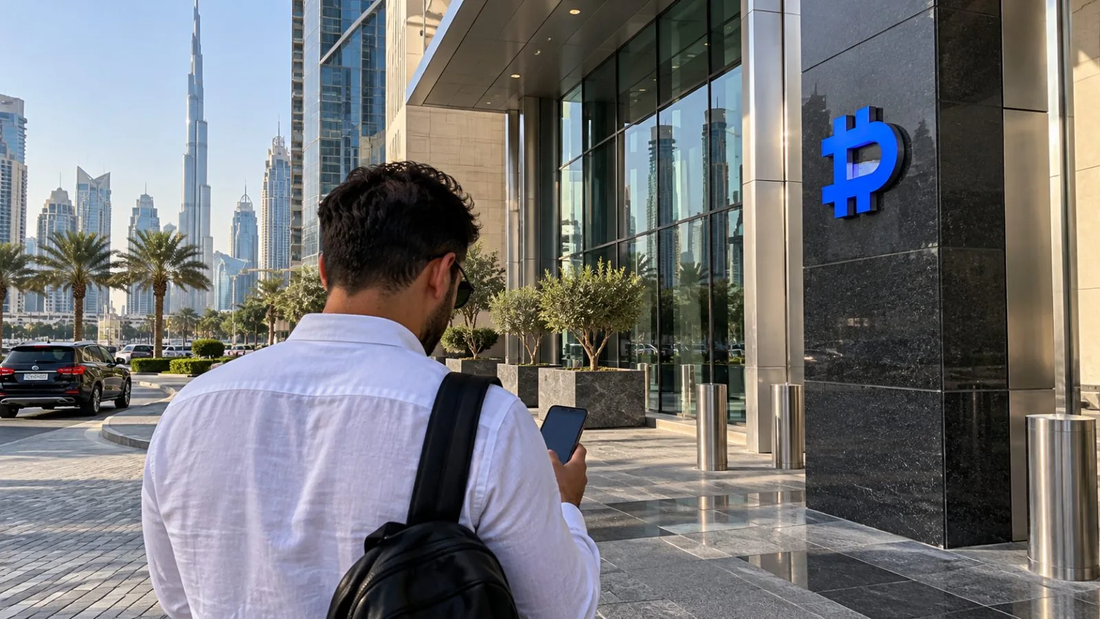 A person checks a phone outside the One Central offices in Dubai. / EconoTimes.ai