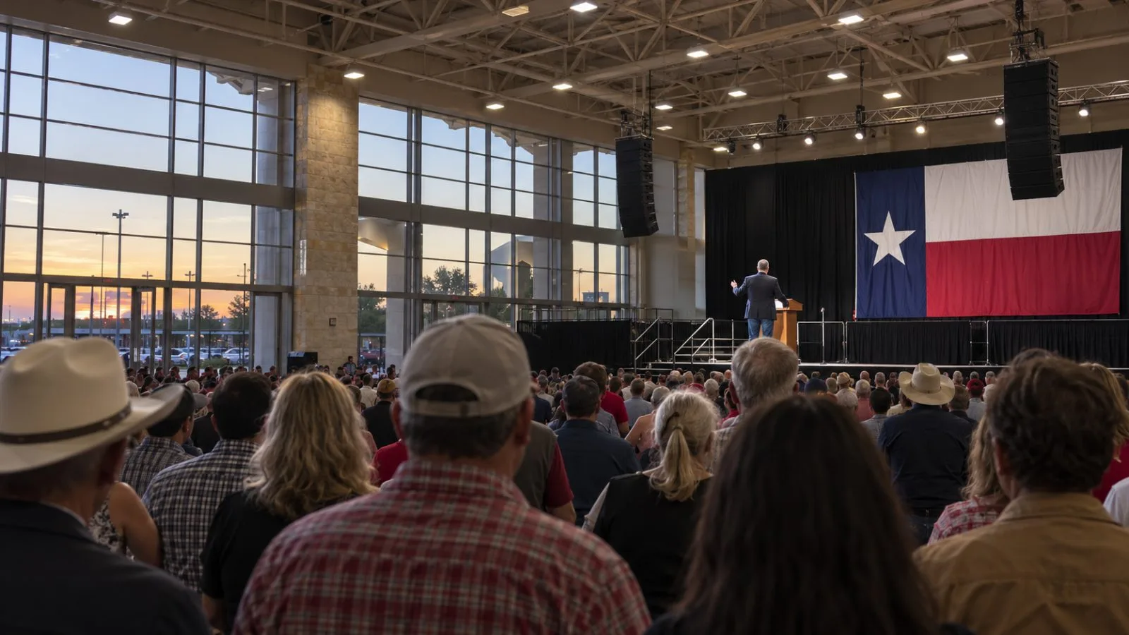 Supporters gather inside the Lubbock Memorial Civic Center in Lubbock, Texas. (AI-generated image / EconoTimes)