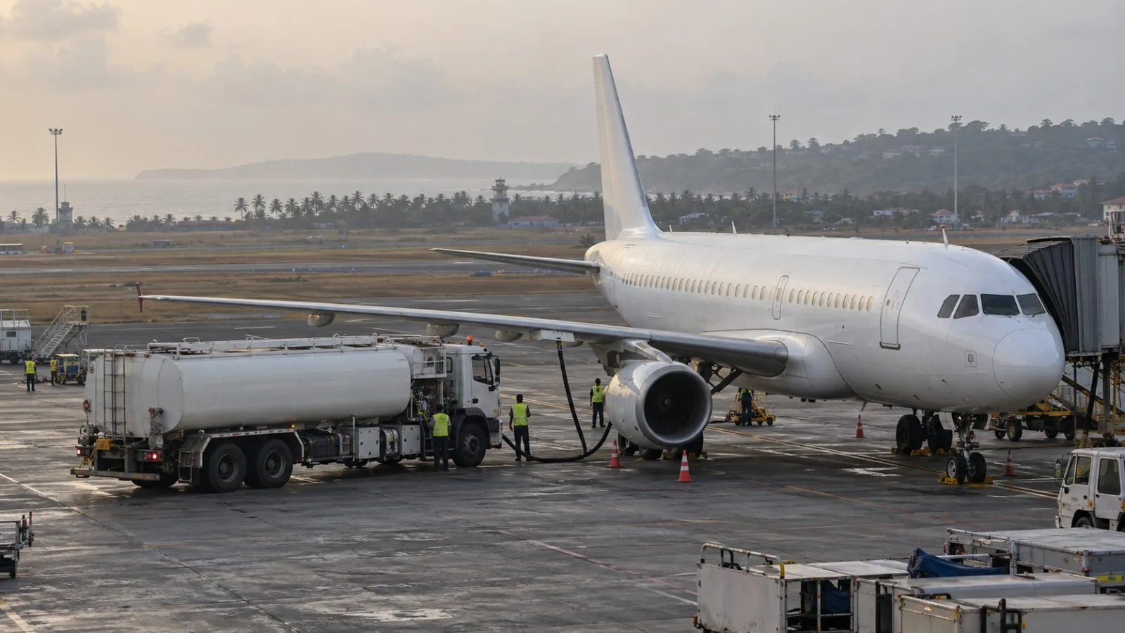 A fuel tanker services a passenger aircraft at Dabolim Airport near Vasco da Gama, Goa, India. (AI-generated image / EconoTimes)
