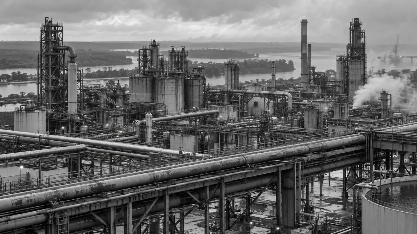Processing towers and conveyors span the Alunorte refinery in Barcarena, Brazil / EconoTimes.ai (mono)