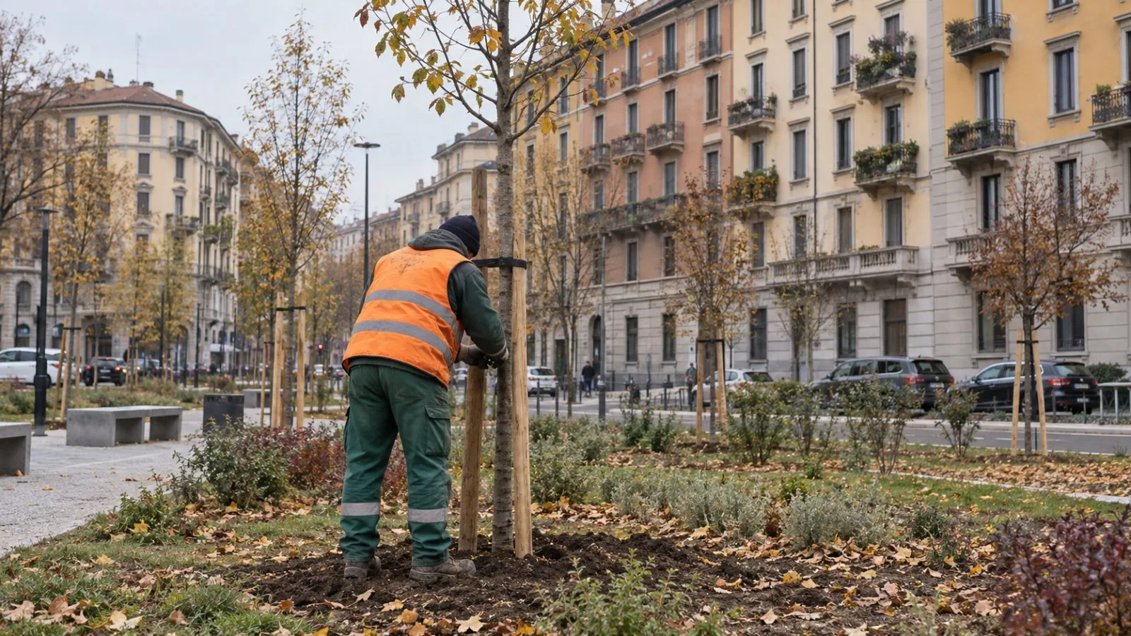 A worker tends a newly planted sapling at an urban green space in Milan, Italy (AI-generated image / EconoTimes)