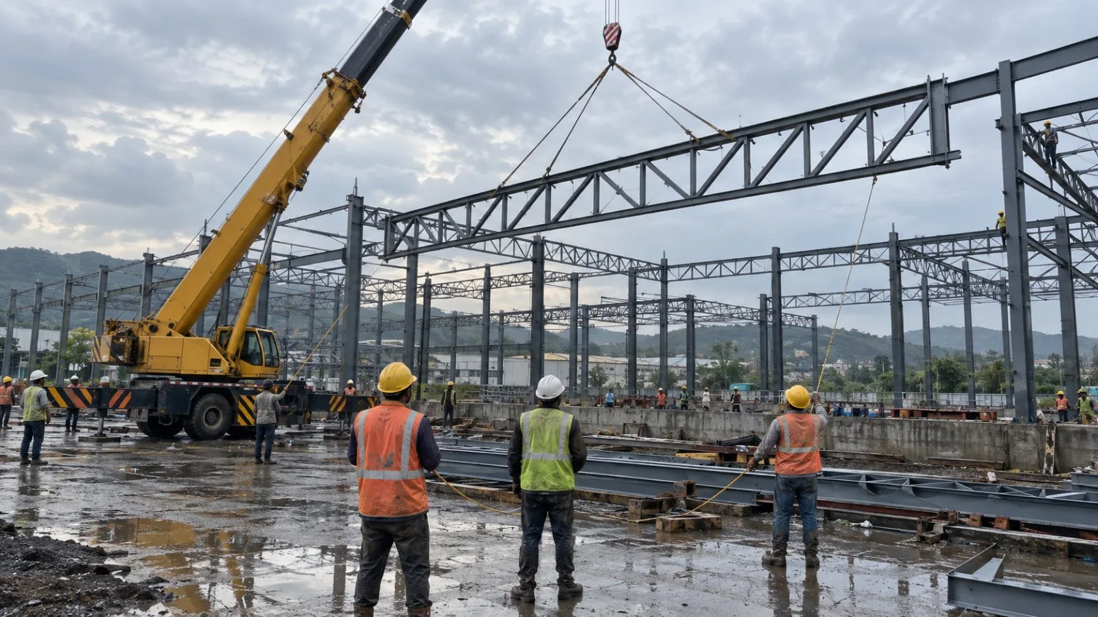 Workers pass steel framework at an industrial construction site in Pune, India. (AI-generated image / EconoTimes)