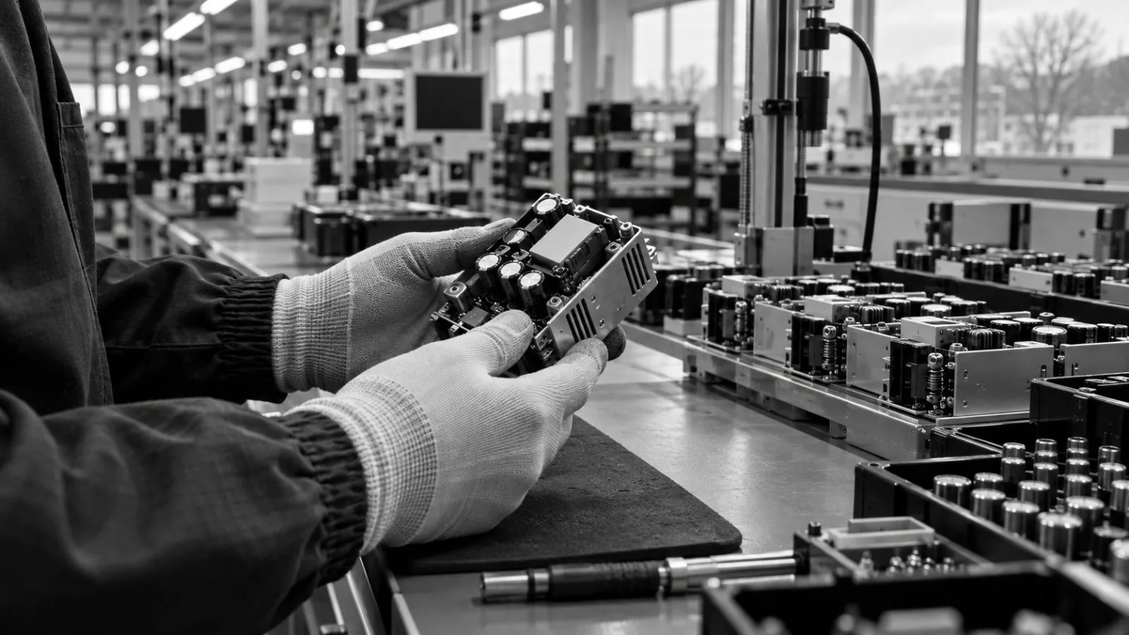 A technician inspects a modular power converter at a manufacturing facility in Andover, Massachusetts (AI-generated image / EconoTimes)
