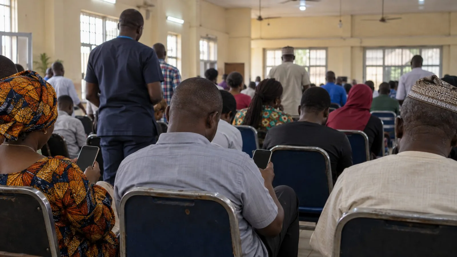 Attendees hold mobile phones during a telecom consumer forum in Lagos, Nigeria. (AI-generated image / EconoTimes)