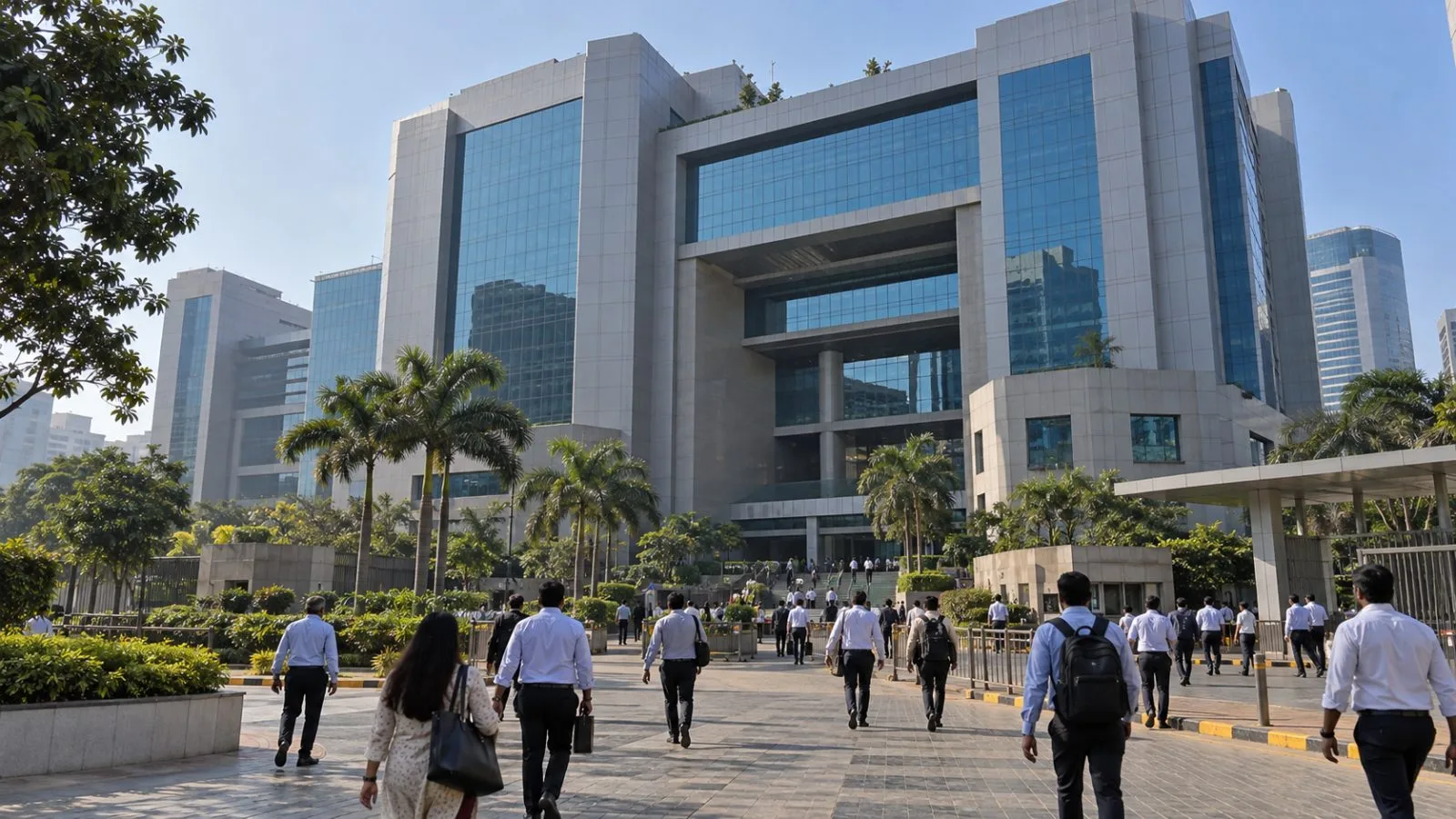 Morning commuters cross the forecourt at Exchange Plaza in Mumbai's Bandra Kurla Complex. (AI-generated image / EconoTimes)