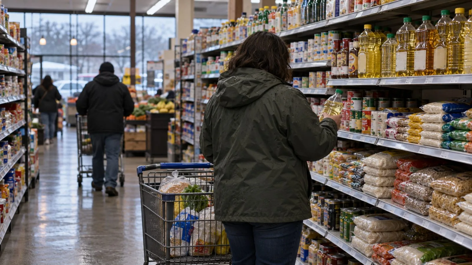 A shopper compares shelf prices in a Cleveland, Ohio, supermarket aisle. / EconoTimes.ai