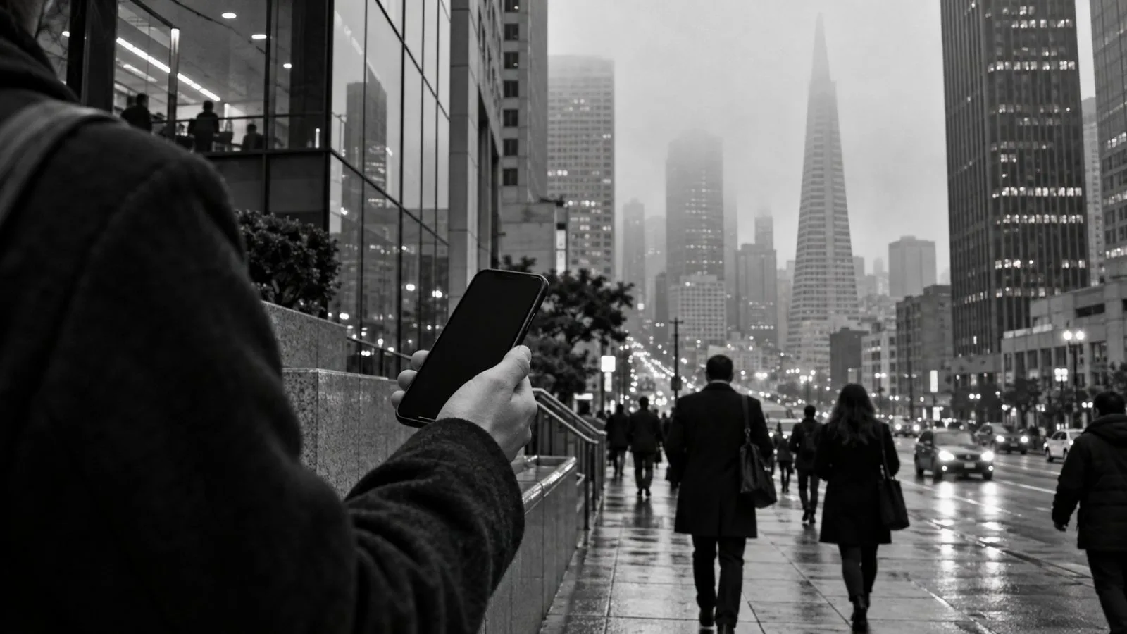 A pedestrian checks a phone outside an office building in San Francisco, California. / EconoTimes.ai (mono)