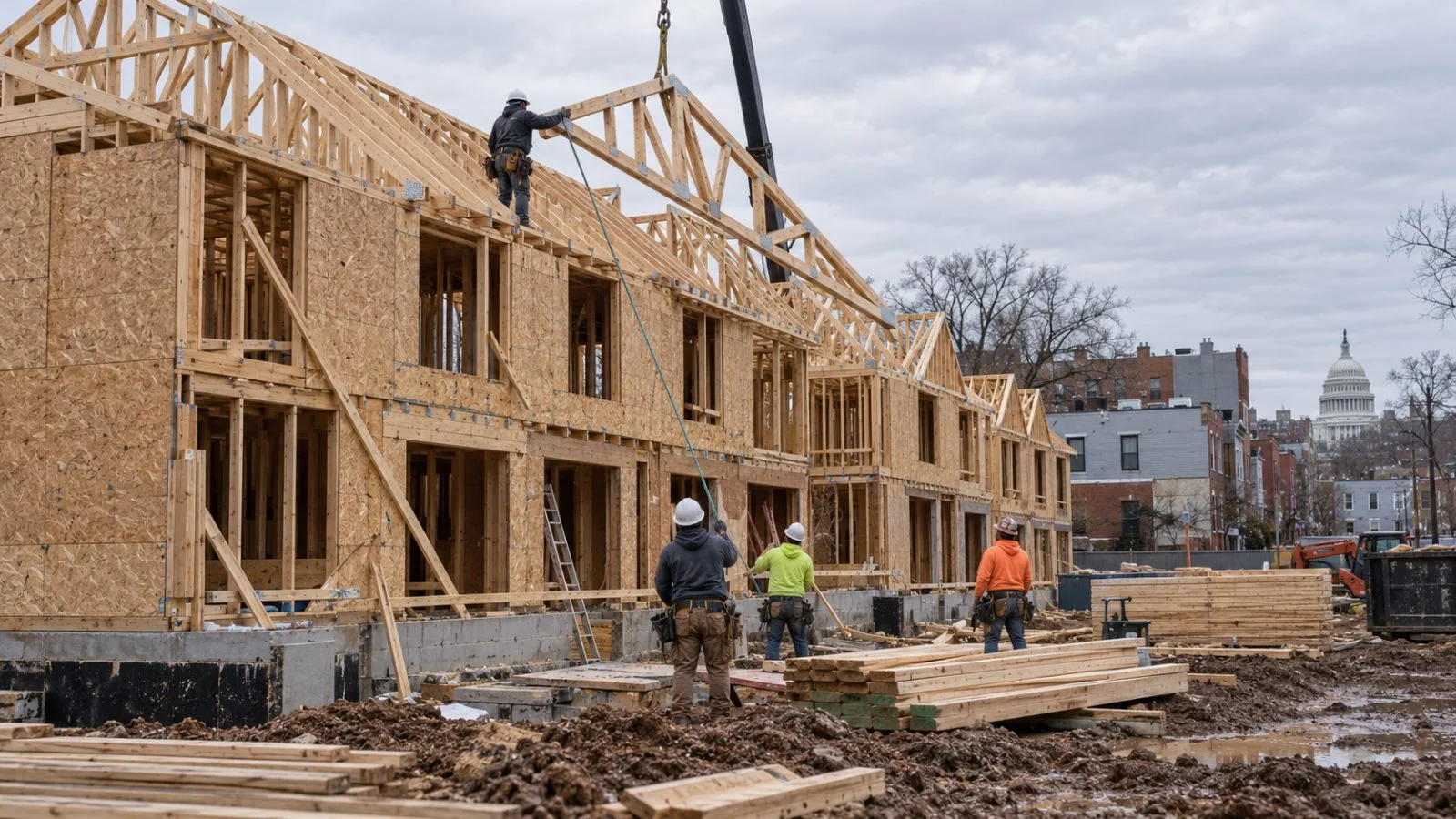Workers frame new townhouses at a residential construction site in Washington, D.C. (AI-generated image / EconoTimes)