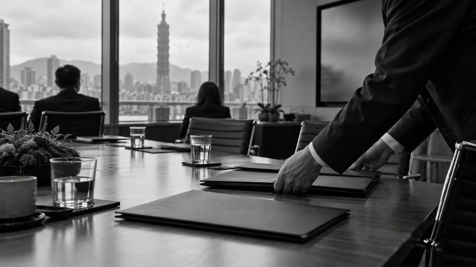 Agreement folders sit on a conference table during a semiconductor partnership announcement in Taipei, Taiwan. (AI-generated image / EconoTimes)