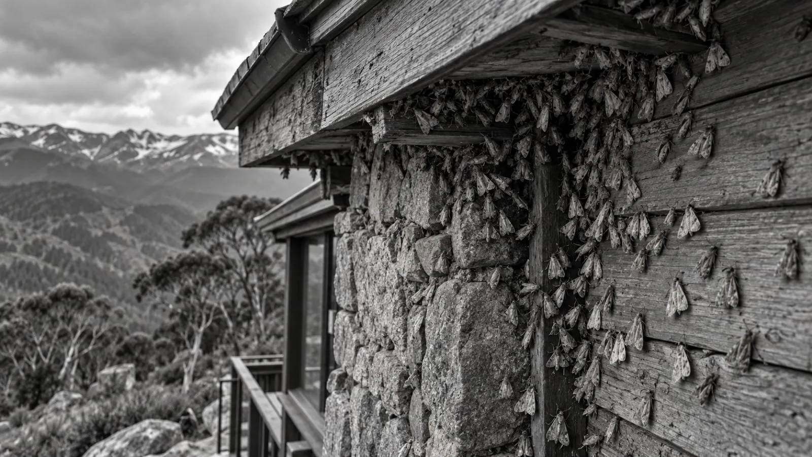 Bogong moths cling to an alpine resort wall in Victoria's Australian Alps. (AI-generated image / EconoTimes)