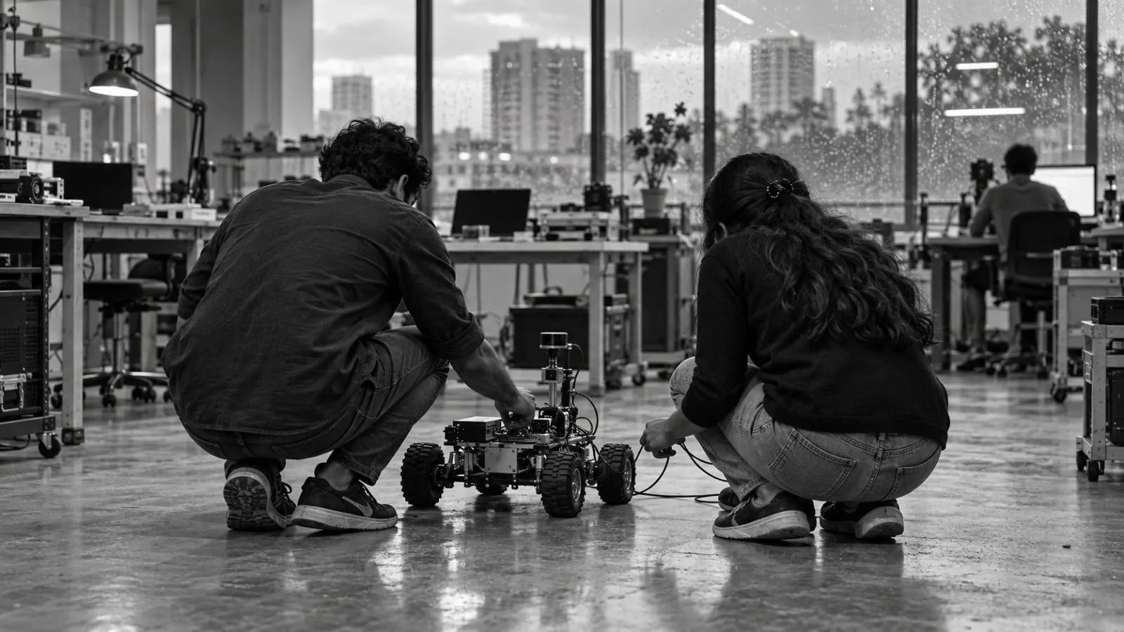 Workers test a compact robotics prototype inside a Bengaluru technology incubator. (AI-generated image / EconoTimes)