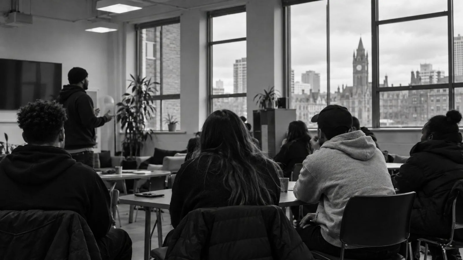 Attendees listen to an address at the King’s Trust Centre in Manchester (AI-generated image / EconoTimes)