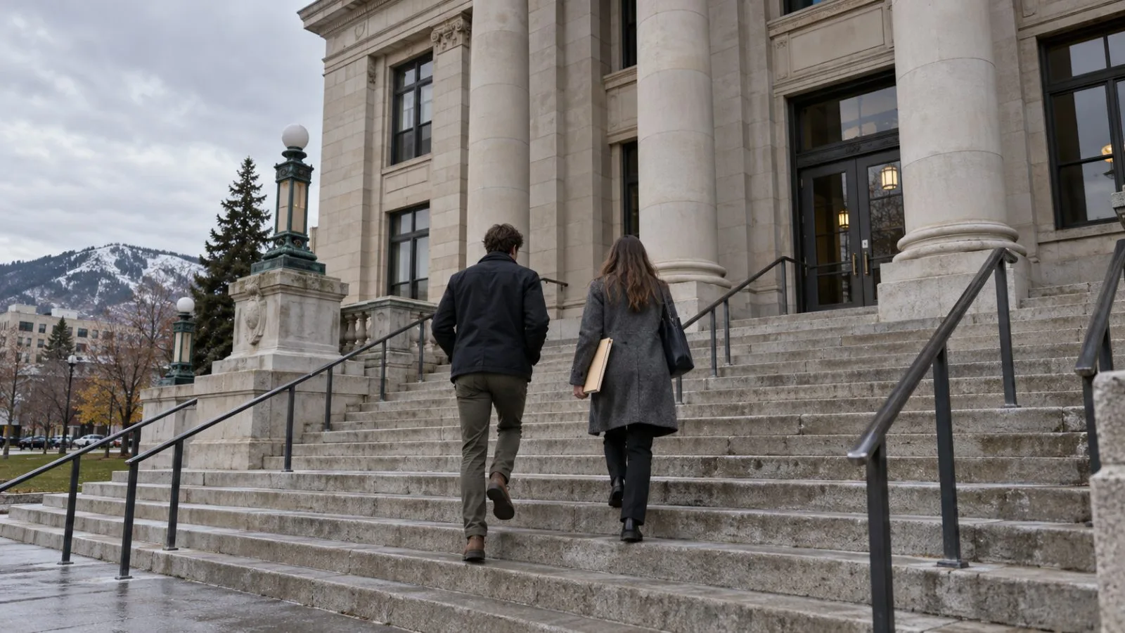Two young adults walk toward the Missoula County Courthouse in Missoula, Montana, on an overcast morning. (AI-generated image / EconoTimes)