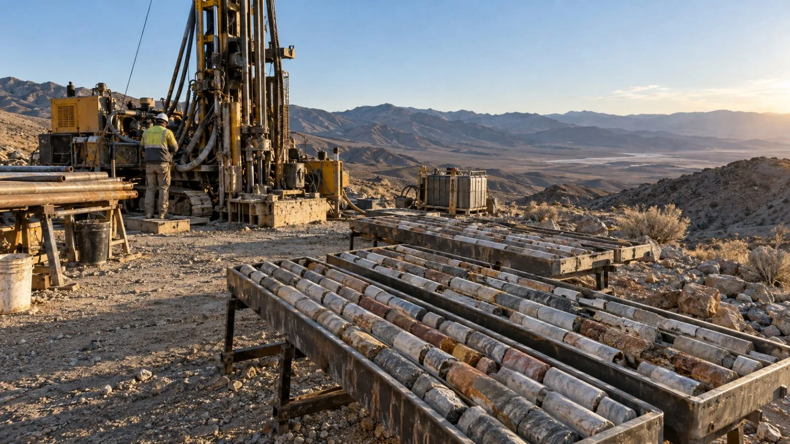 Drill core trays sit beside a rig at Murdock Mountain near Montello, Nevada. (AI-generated image / EconoTimes)
